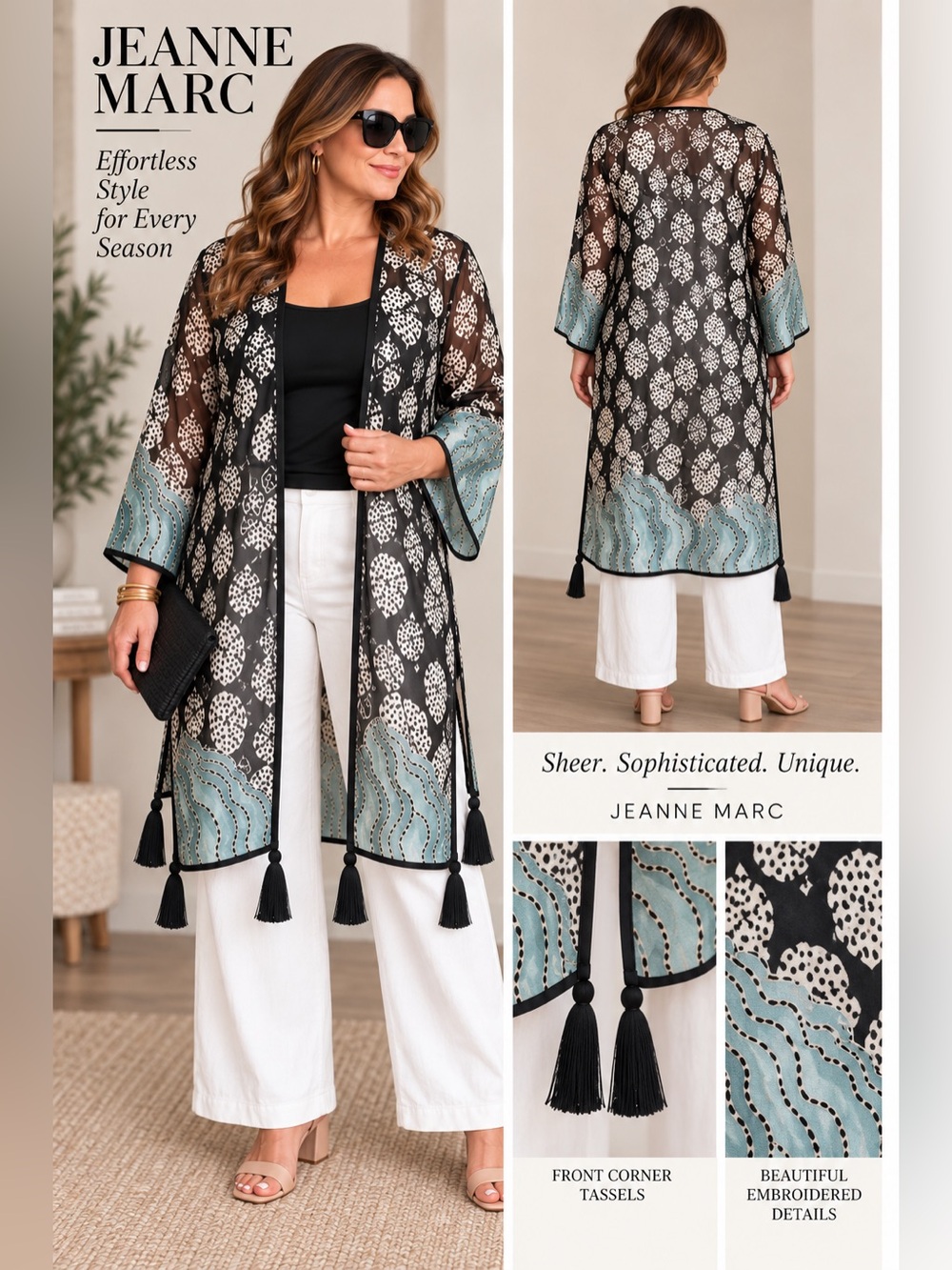 NWOT Jeanne Marc Sheer Black & Mint Leaf Open Front Duster Kimono
